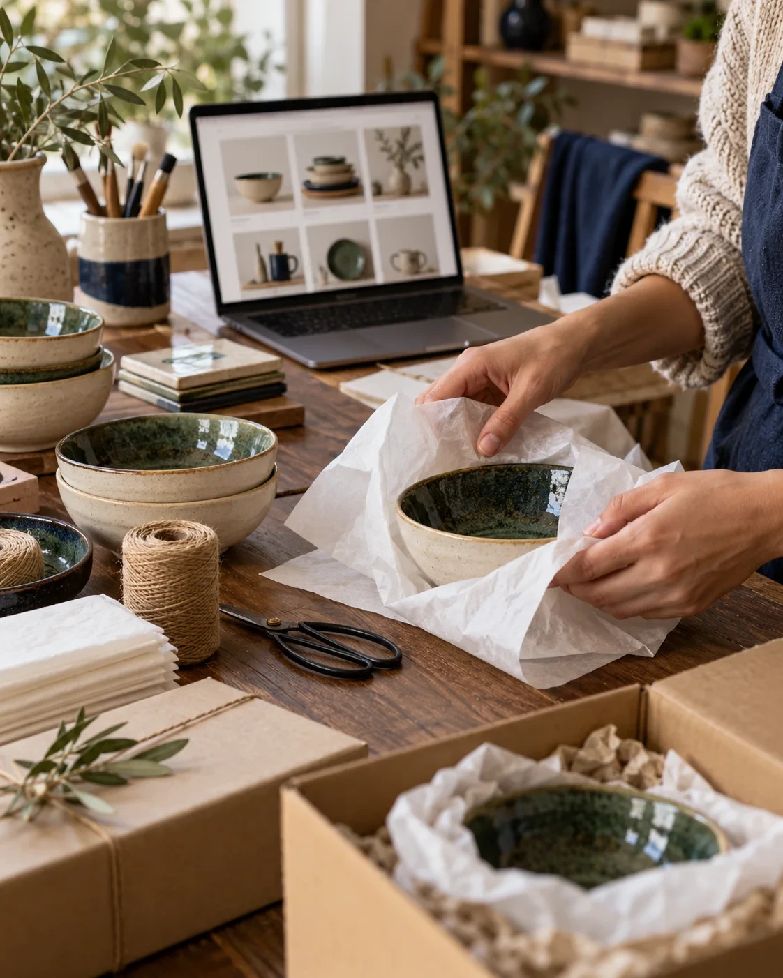 Préparation de commandes dans un atelier de céramiques